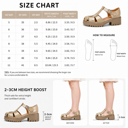 Women’s Arch-Support Chunky Platform Mary Jane Fisherman Sandals, Glossy Patent Leather T-Strap Caged Shoes with Posture-Lifting Fit, Foot-Friendly Comfort, Adjustable Buckle & 2–3cm Slimmer-Looking Lug Sole